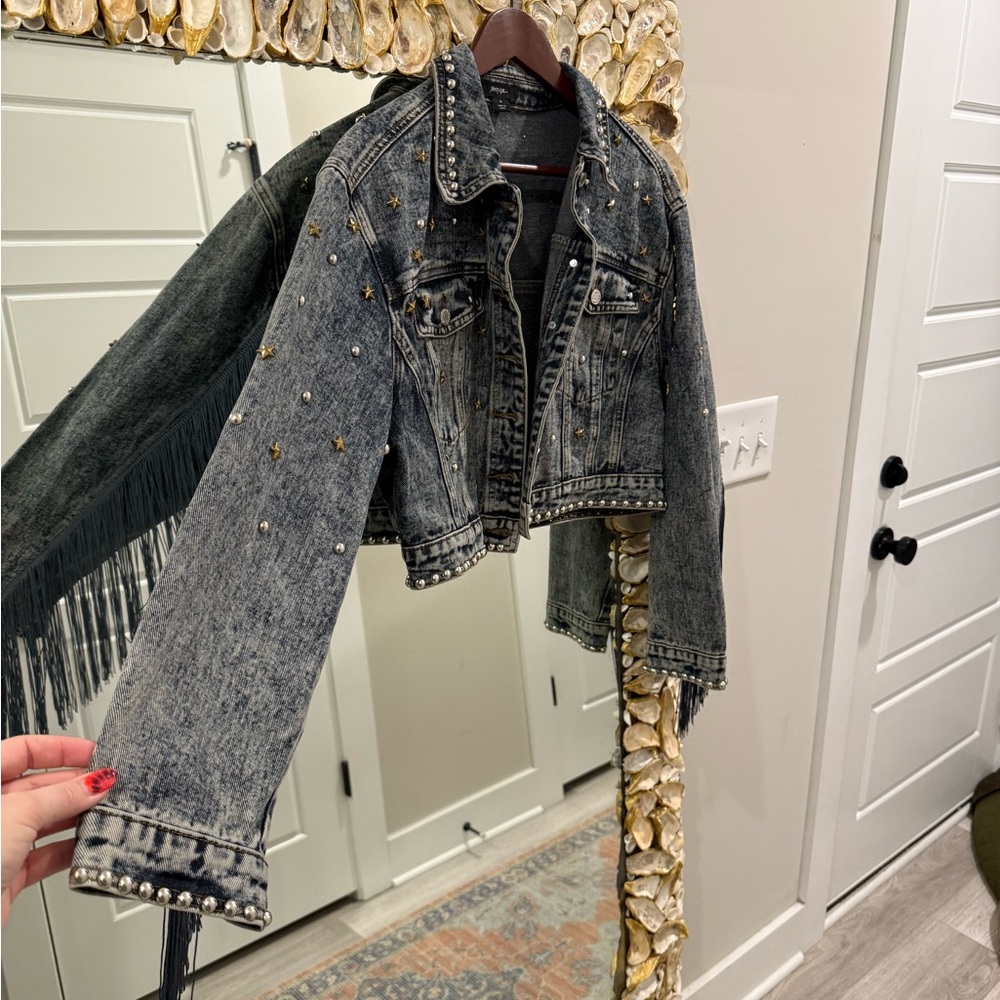 Girl Studded Fringe Denim Jacket | Western Star Studs | Cropped | Size M